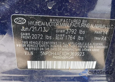 2013 Hyundai Elantra Limited z USA, uszkodzony, nr VIN 5NPDH4AEXDH369923